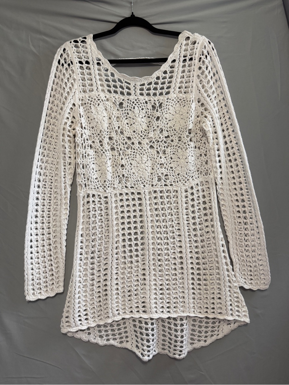 Rickis Womens Boho Loose Knit Crochet Tunic Size S White Floral Swim Coverup